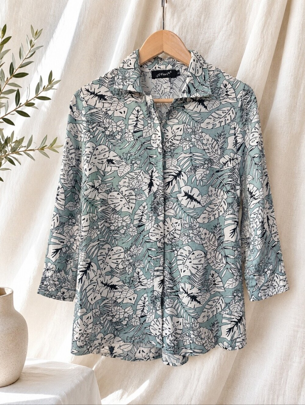 Fiori Tropical Leaf Button Front Blouse Sage  Lightweight Sage Resortwear